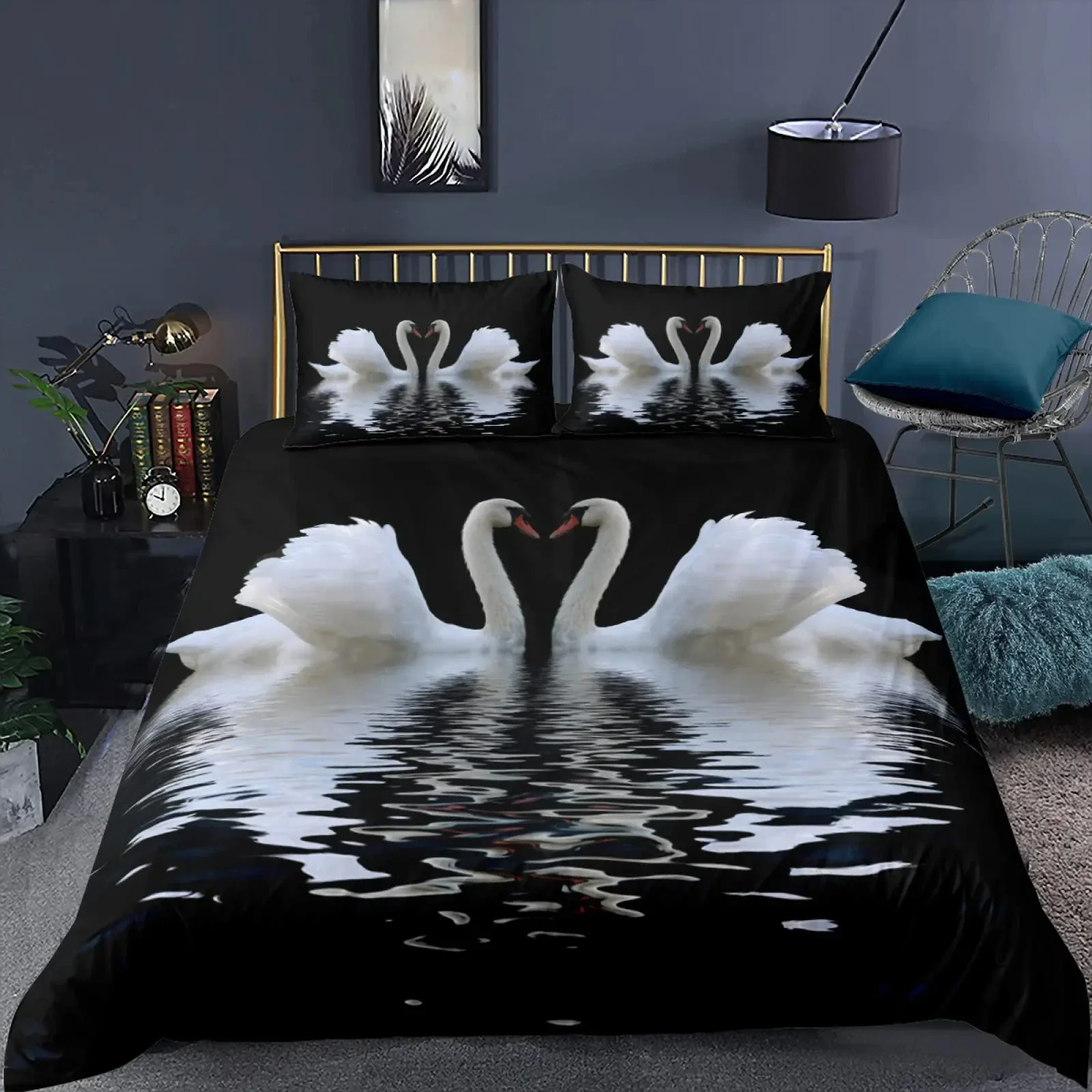 Swan Duvet Cover Black and White Swan Duvet Bedding Set Queen Bird Comforter Cover Microfiber Romantic Flower Wild Animals