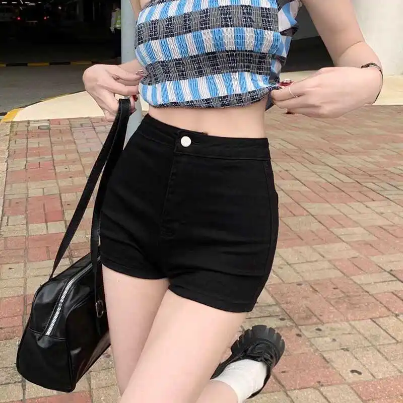 

Spring Summer Thin High Waist Black Denim Shorts Women's Tight A-Line Sexy Hot Pants Cotton Stretch Fabric Wear-resistant