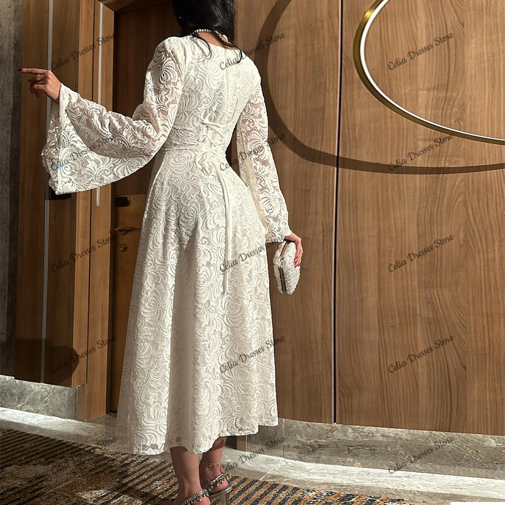 CustomizedLace Zipper Back Elegant Long Sleeves Square Neck Evening Dress Formal Tea Length Special Occasion Gowns Straight  Cus