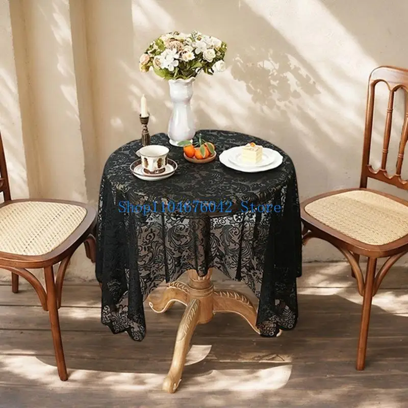 5asd Practical Lace Trimmed Tablecloth Sturdy Polyester Materials Easy Cleaning Decorative Cover for Dining Event