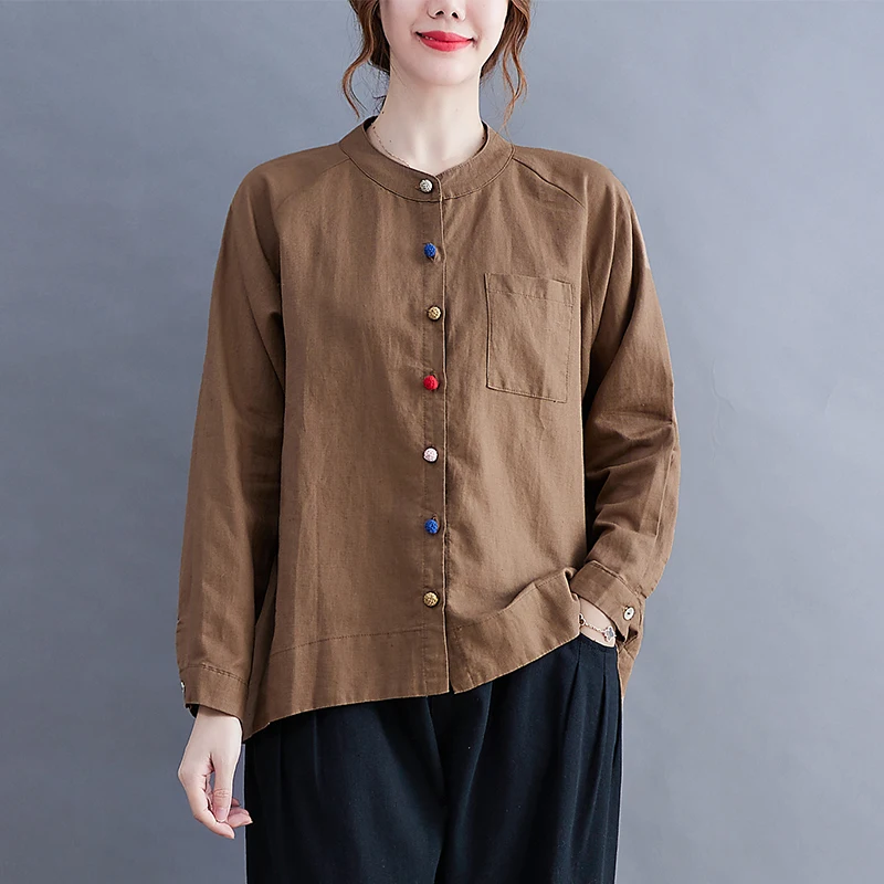   Botón Algodón Lino irt Tallas grandes Mujer Largo Sve Stand Collar Base irt Otoño Lino Top Tamaño completo Mujer Cl...