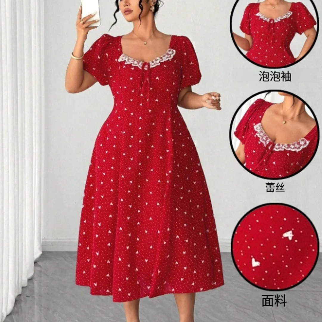

Plus Size Red Polka Dot Midi Dress Women Summer Lace Square Neck Short Sleeve A-Line Vintage Elegant Party Casual Dresses