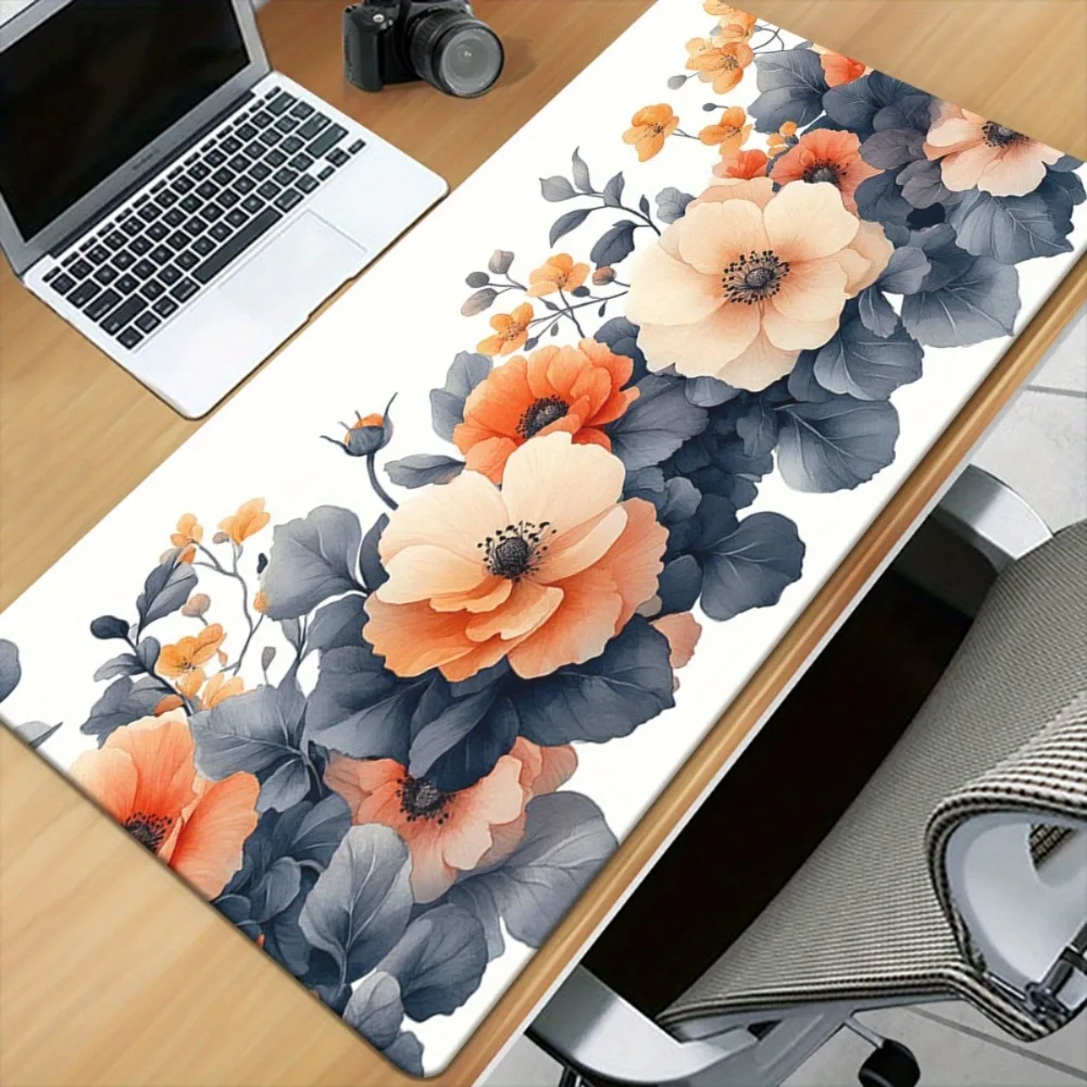 Watercolor Floral Extended Mouse Pad Soft Orange Gray Leaves Aesthetic Large Desk Mat Non-slip Waterproof