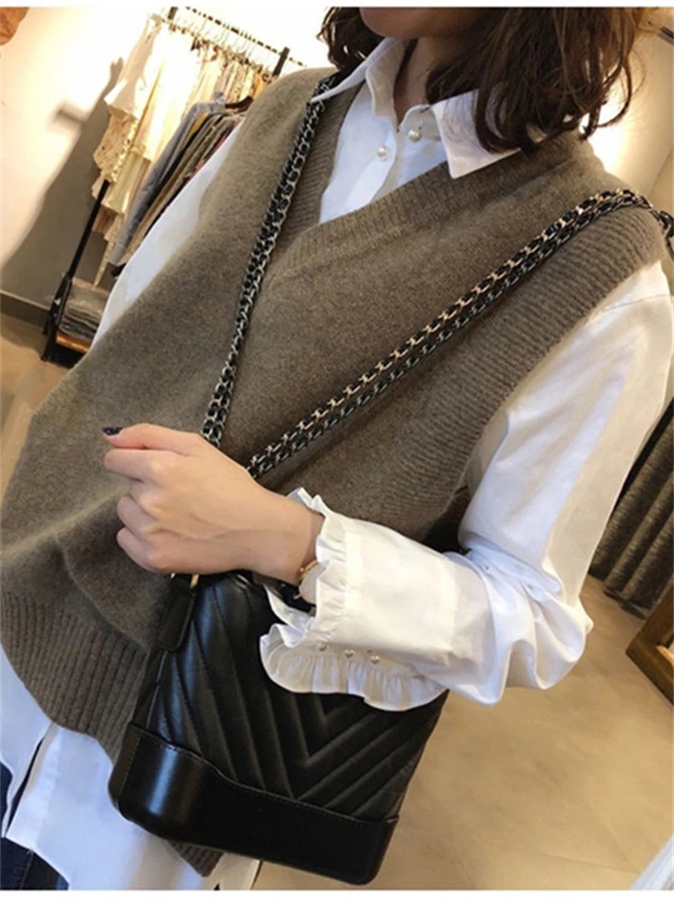 Pullover Vest Sweater Autumn Winter Knitted Women Sweaters Vest Sleeveless Warm Sweater Casual Oversize Fall V Neck Girls Tops