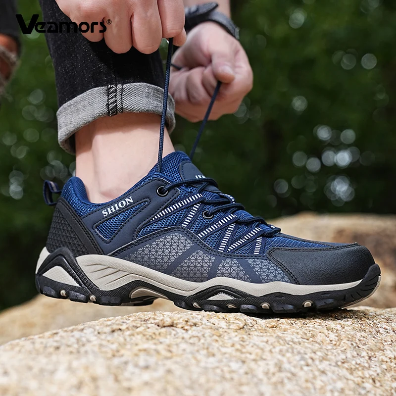 Men Anti-slip Hiking Shoes Mesh Casual Sports Shoes Male Breathable Outdoor Sneakers for Trekking Climbing Walking Elastic Sole