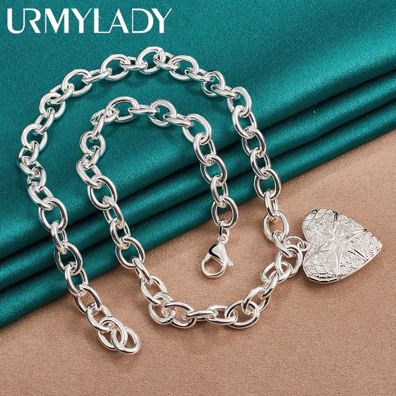 URMYLADY Bạc 925 Khung Ảnh Trái Tim Mặt Dây 18 Inch Vòng Đeo Cổ Cho Nữ DỰ TIỆC CƯỚI Trang Sức Thời Trang