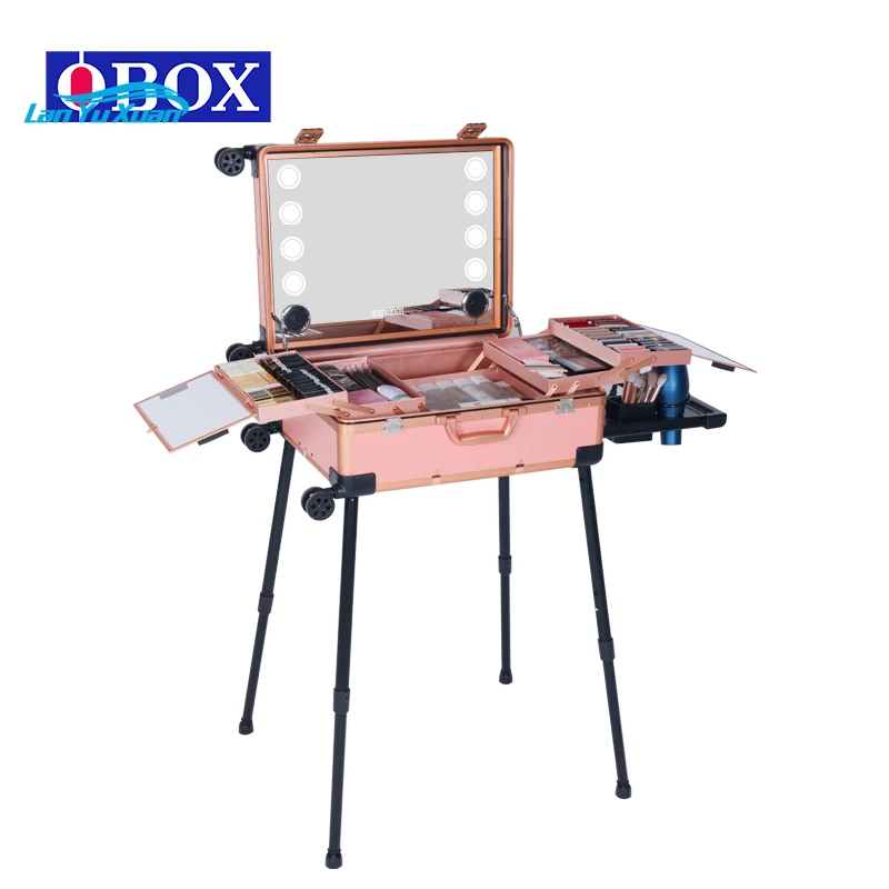 Nail Salon Manicure Table with Extendable Function Illuminated Trolley Mirrored Case and Makeup Area with button function