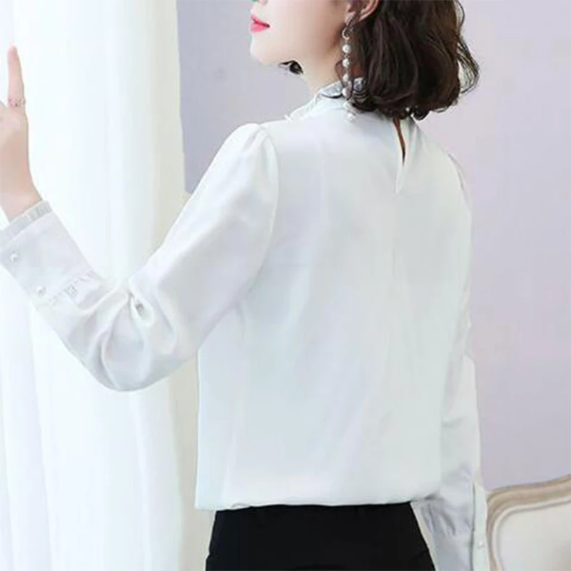 Spring Autumn Ruffles Stand Collar Satin Blouse Top Women Office Lady Elegant Beading Blusa Oversized Shirt All-match Pullovers