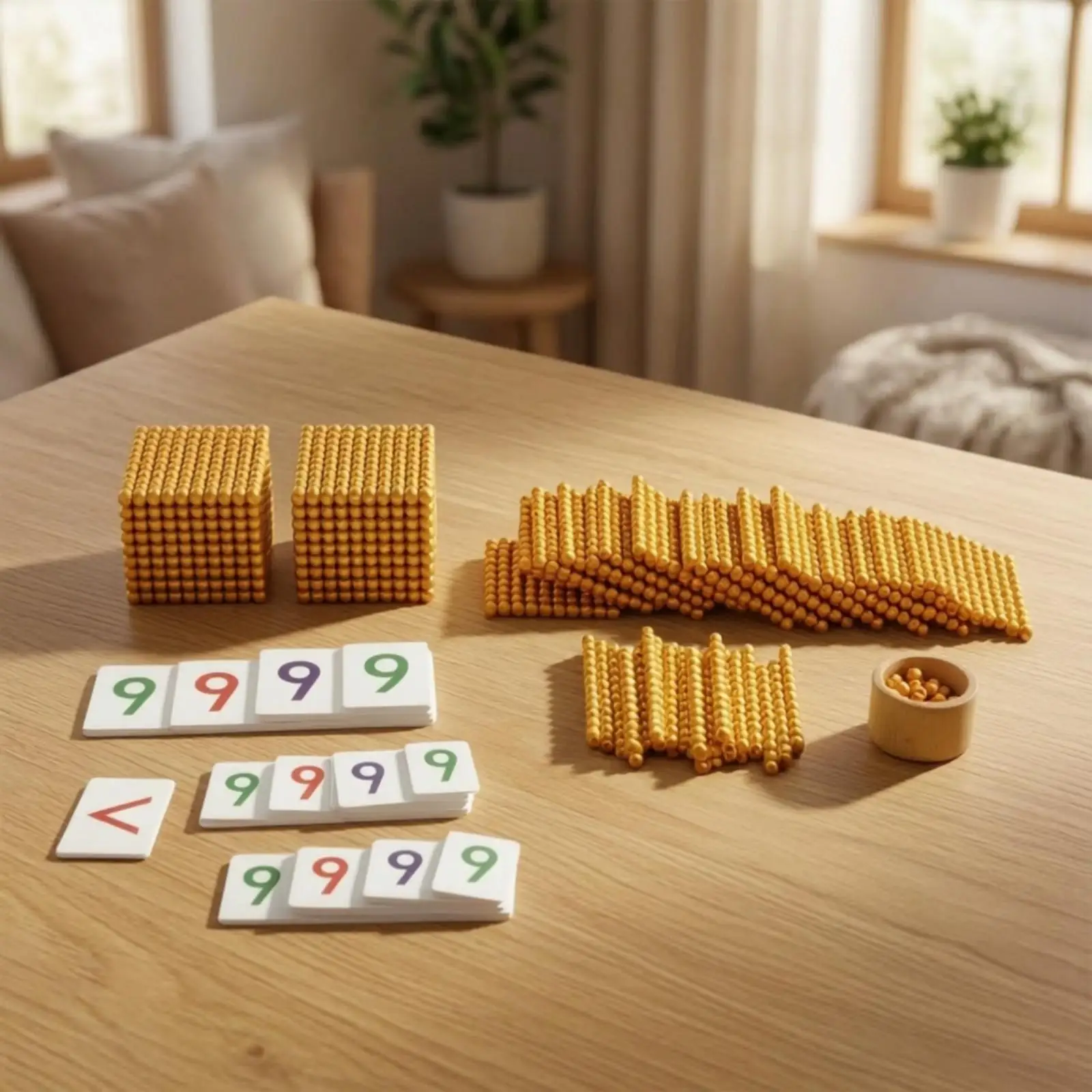Kids Math Learning Tool Wooden Montessori Arithmetic Game Golden Beads Number Cards for Place Value and Basic Operations