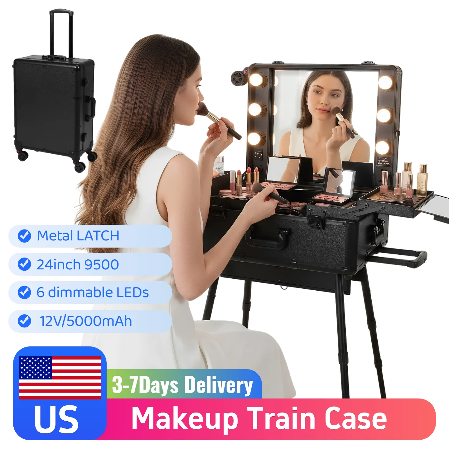 

24inch Rolling Travel Cosmetic Organizer Box with Mirror and Lights with Wheels Stands Cosmetic Travel Box for Travel