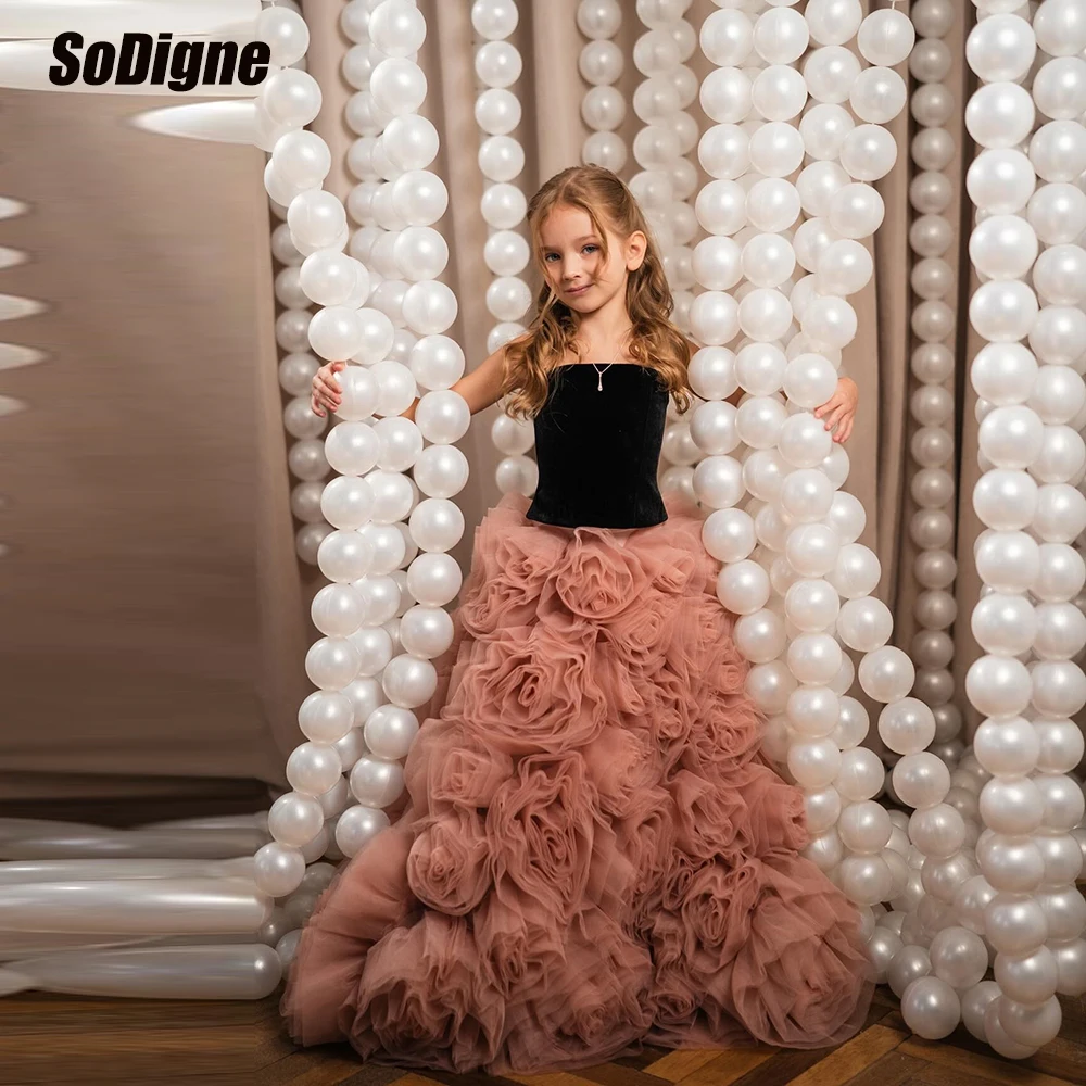 

SoDigne A-line Velvet/Tulle Flower Girl Dress Strapless Sleeveless Girls Skirt Birthday Party Dresses Princess Gown Customized