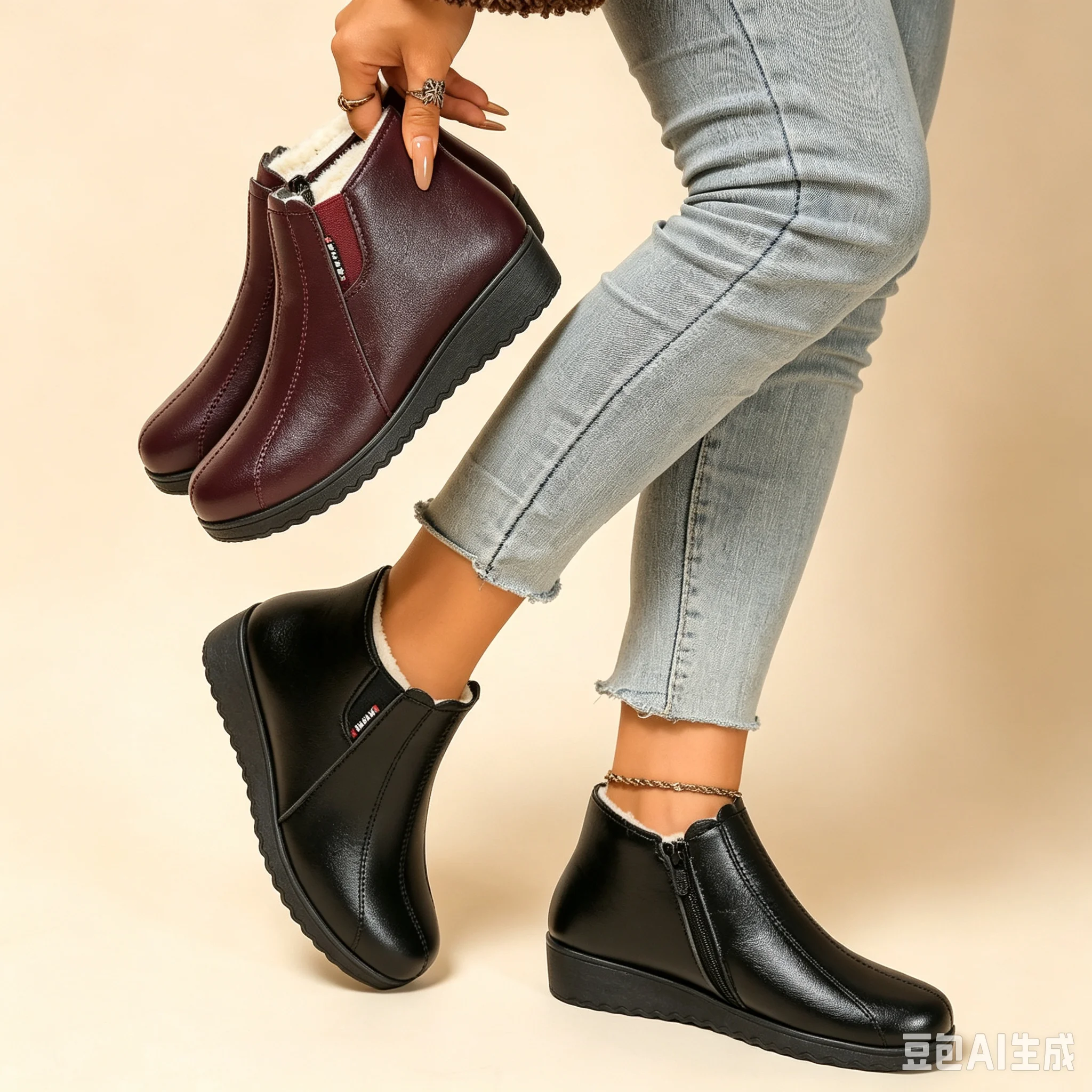 Women Winter Cotton Shoes Fleece Lined Mom Shoes Thickened Elderly Anti Slip Soft Sole Waterproof Leather Grandma Shoes Simplem