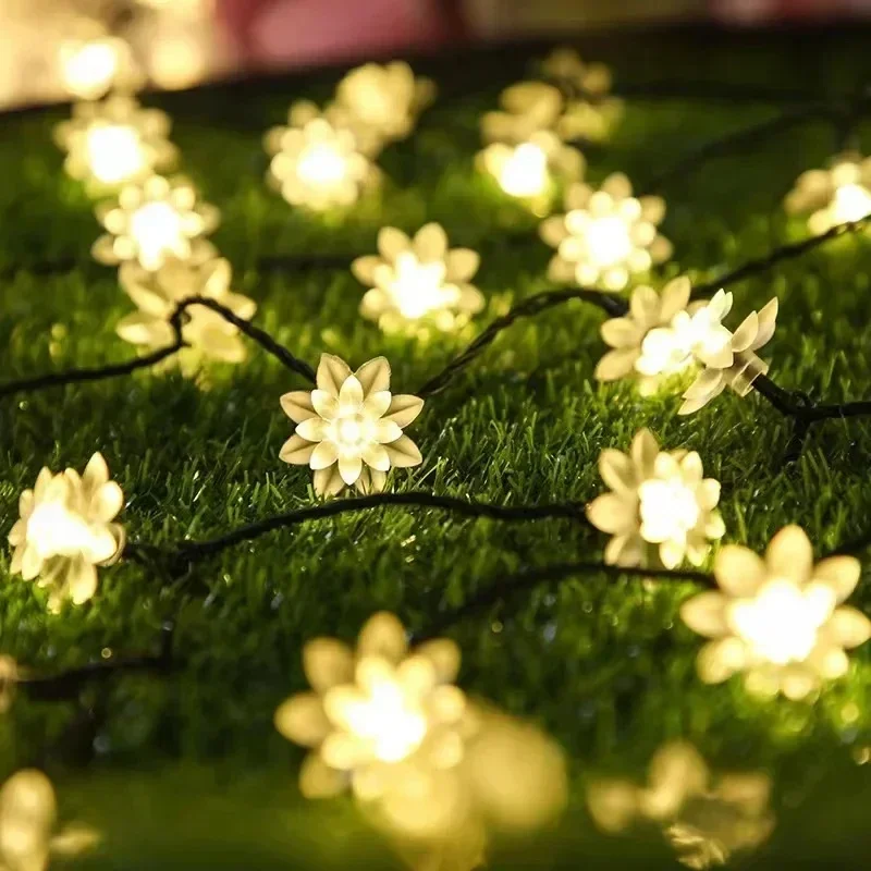 Solar LED Lotus String Lights, Festa ao ar livre, Natal, Decoração de casamento, Quarto, Sala de estar Lâmpadas, 1.5-22m