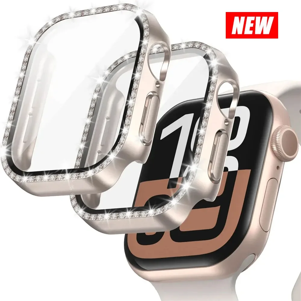 Glass+Diamond Case For Apple watch 46mm 42mm 44mm-40-41-45mm series 10 9 8 7 6 5 4 se Bling Bumper Screen Protector Accessories