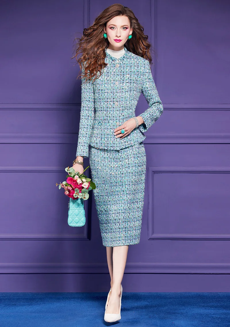 ZJYT Elegant Sequined Tweed Woolen Blazer Suit Jacket Skirt 2 Piece Matching Set for Women Autumn Winter 2024 Party Outfit XXXL