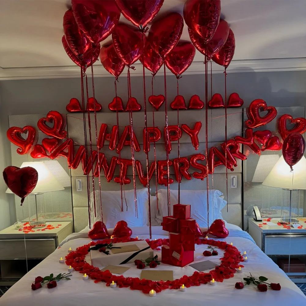 Happy Anniversary Dekoration, roter Herzballon, Happy Anniversary Banner, Rosenblätter, Hochzeit, Valentinstag-Romantik – Detail 7
