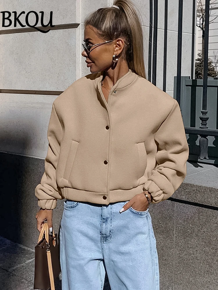 BKQU Khaki Bomber Jacket Women Vintage Long Sleeve Button Cropped Baseball Jackets With Pockets Autumn Winter Fashion Outerwear