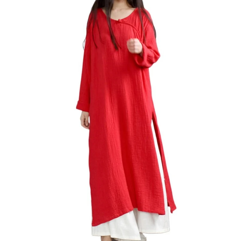 2024 autunno donna stile cinese abiti in cotone manica lunga 0-collo cotone lino Maxi vestito, primavera abito lungo Feminino Vestido