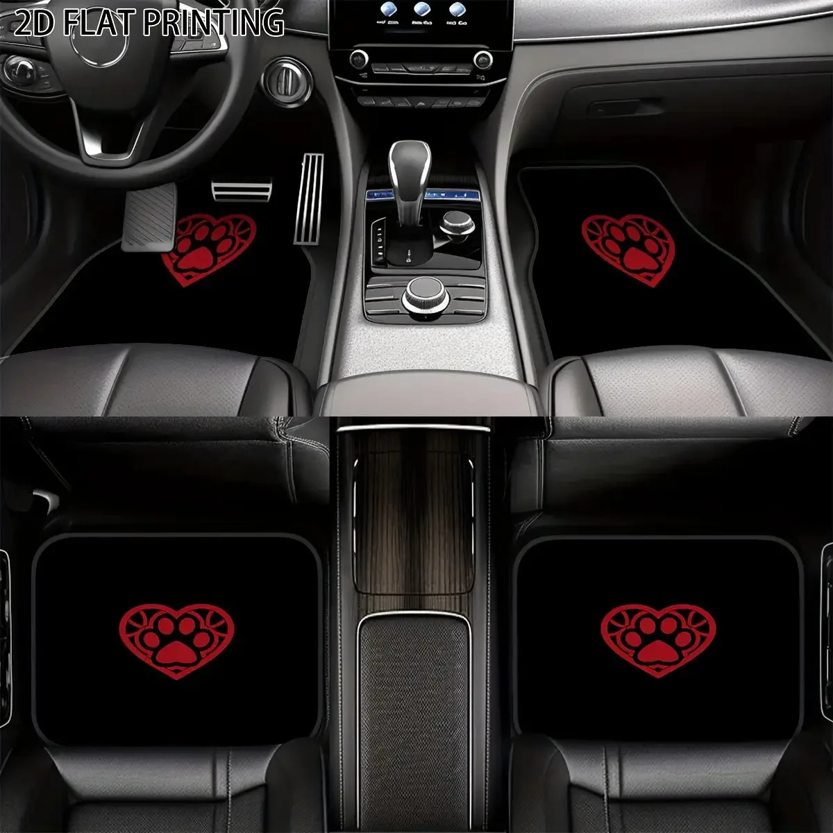 4pcs Set Black Base Red Double Claw Heart Pattern Printed Car Floor Mats Universal Material All-Season Universal Car Interior Pr