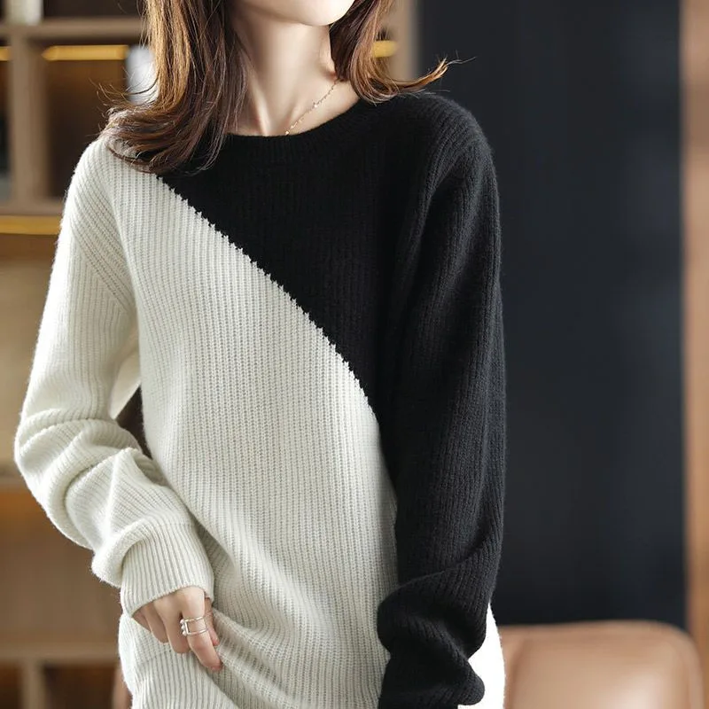 New Autumn/Winter Fashion Korean Edition Colorblock Round Neck Plush Thickened Loose and Versatile Women's Knitted Sweater