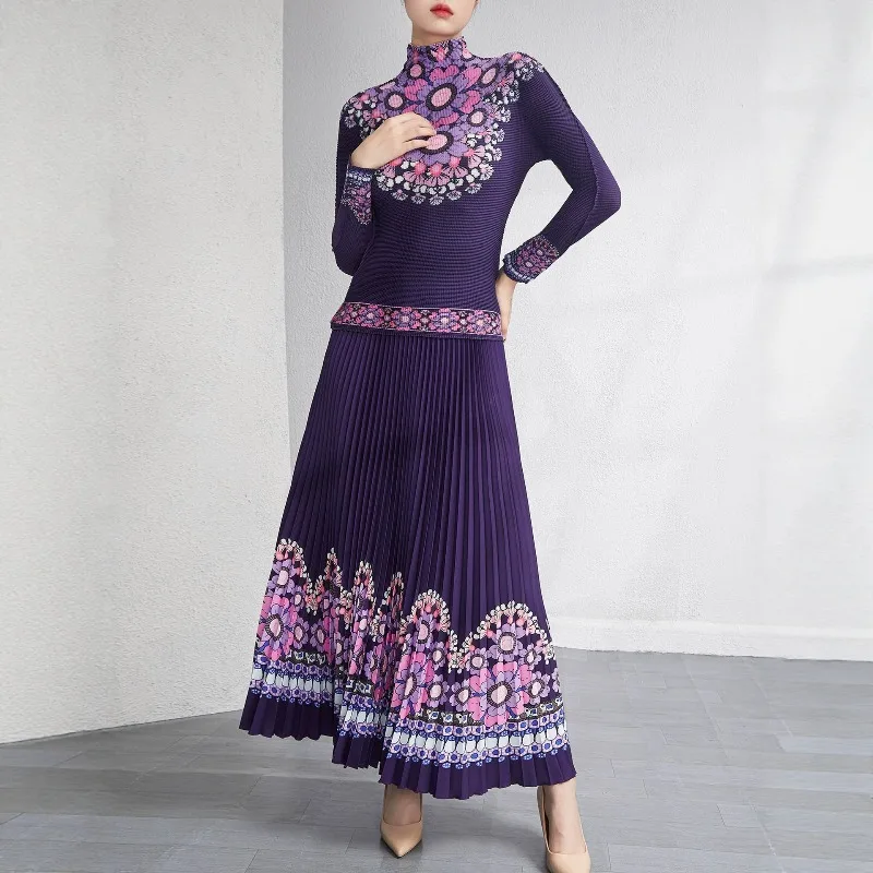 Miyake Pleated Retro Elegant Women's Suit Simple Printed Pleated Long Sleeve Slim Top Half High Neck Long Skirt Two-Piece Set