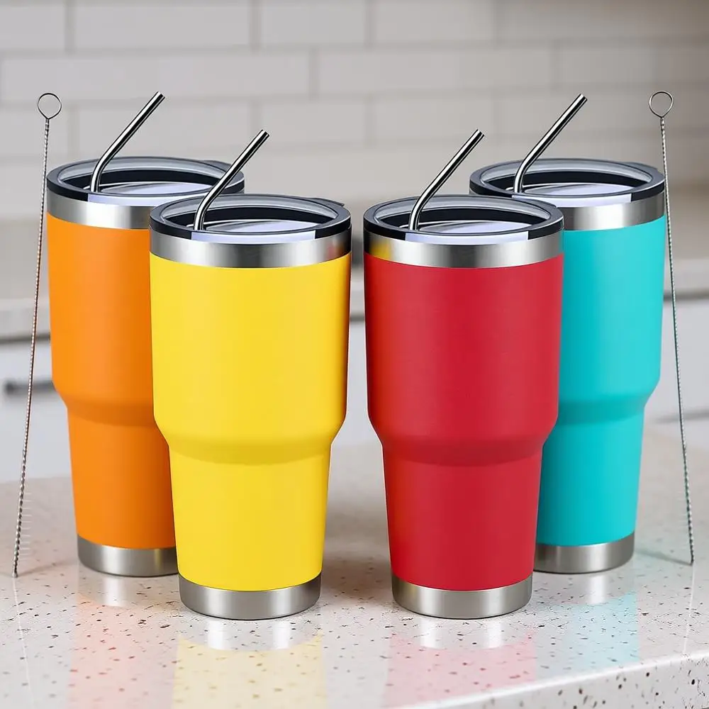 

30oz Insulated Tumbler with Lids and Straws, Stainless Steel Double Vacuum Coffee Tumbler Cup, Brush, Durable Powder Coated Coff