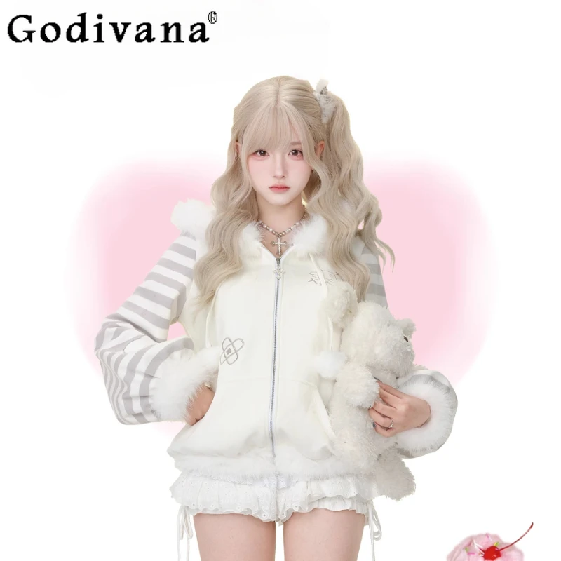 

Gray and White Striped Coat and White Cake Skirt Set Women Japanese Style Two Pieces Suits Female Lolita Sweet Hooded Outfits