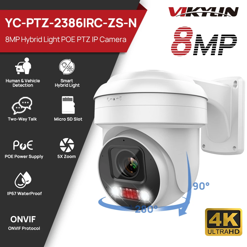 Vikylin PTZ 5X Optical Zoom 8MP IP Camera Two-way Audio Smart Dul Light IP67 Outdoor CCTV Video Surveillance POE Camera