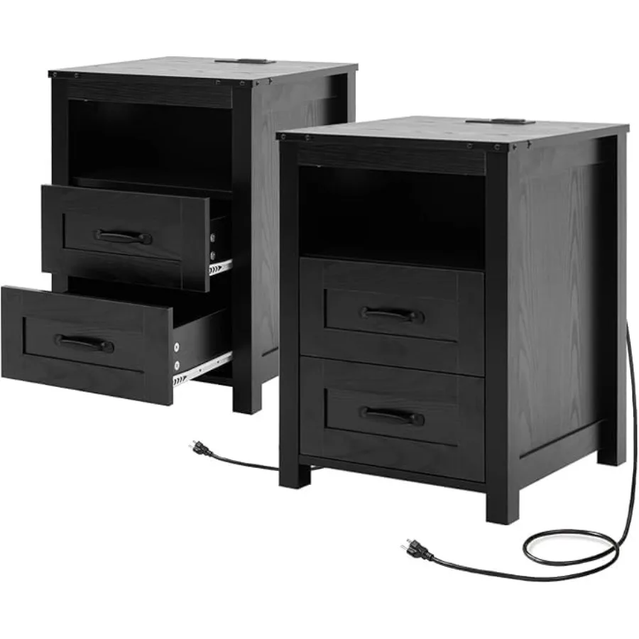 مجموعة منضدة المزرعة مكونة من طاولتين بجانب السرير باللون الأسود الريفي مع حامل ليلي بأدراج لطاولات نهاية غرفة النوم مع محطة شحن #1