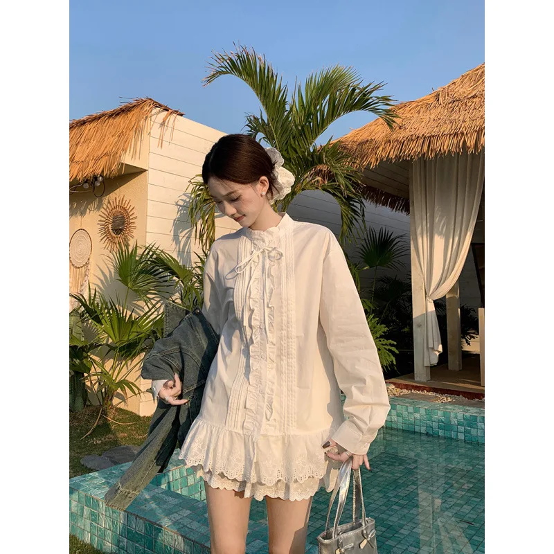 

Женская модная блузка оверсайз средней длины с воротником-стойкой, свободного кроя, с длинными рукавами и кружевными вставками в уличном стиле