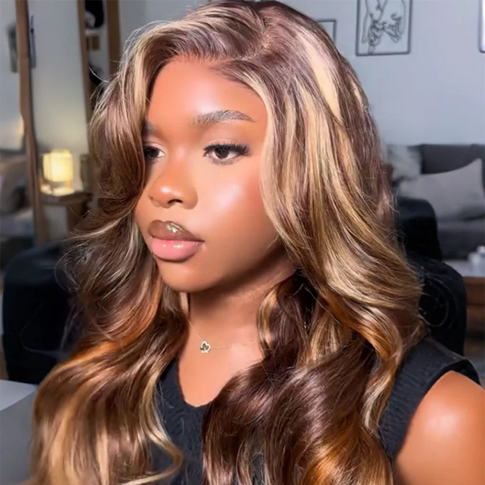 

Body Wave 40 46 Inches 200% Density 13x6 HD Transparent Lace Frontal Wig Highlight Piano Color P4/27 Human Hair Wigs For Women
