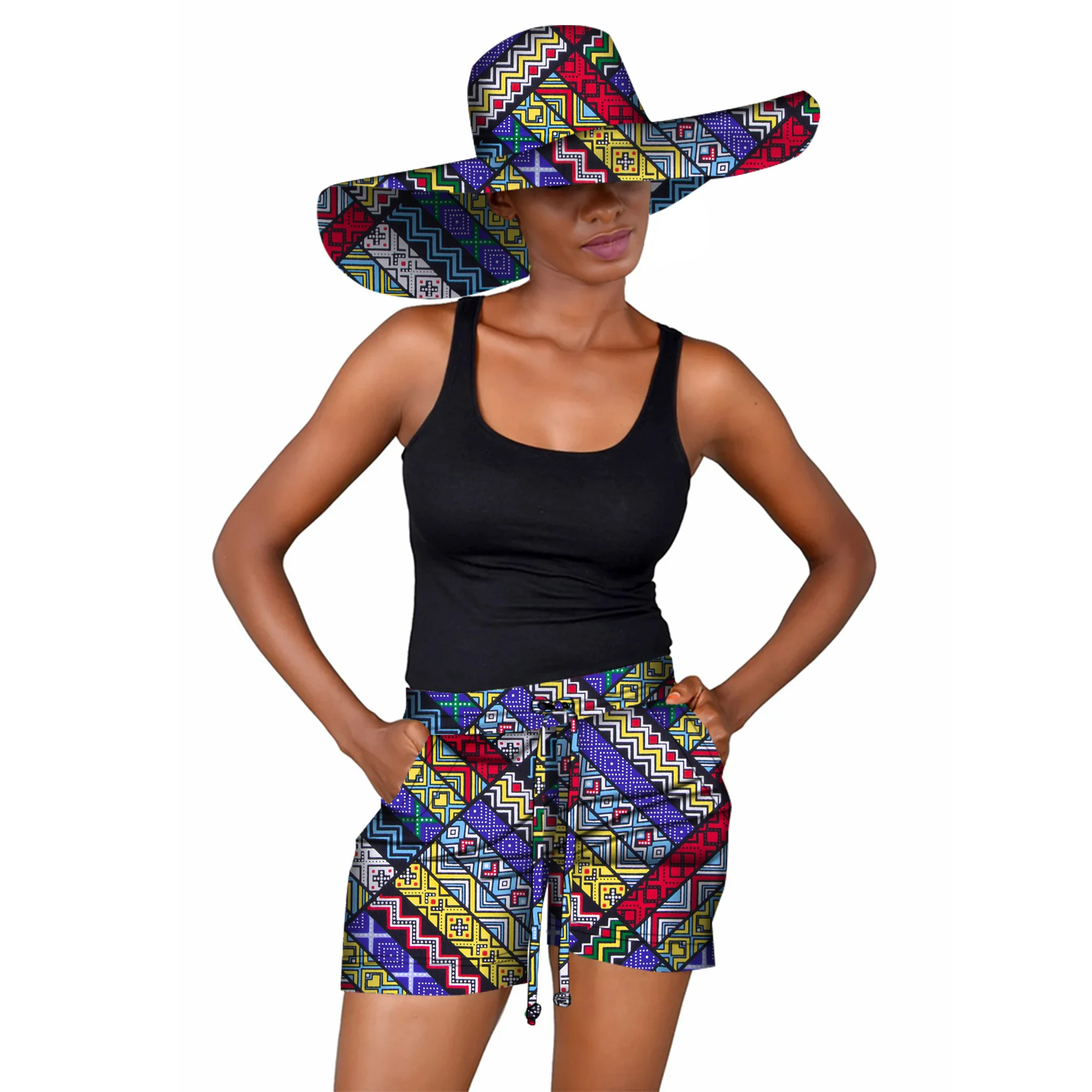 

African Women Print Shorts Pant with Big Summer Hat Cap Threading Ropes Short Pants Trousers with Pocket Customized WY5242