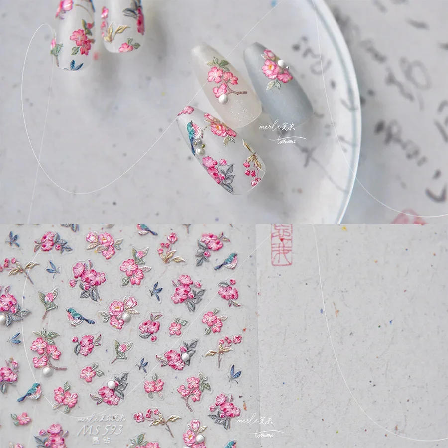 Retro Rose Red Peach Blossom Flowers Pearl Magpie Lotus Daisy Peony Lily Sunflower Rhinestone Nail Art Stickers Decoration Decal