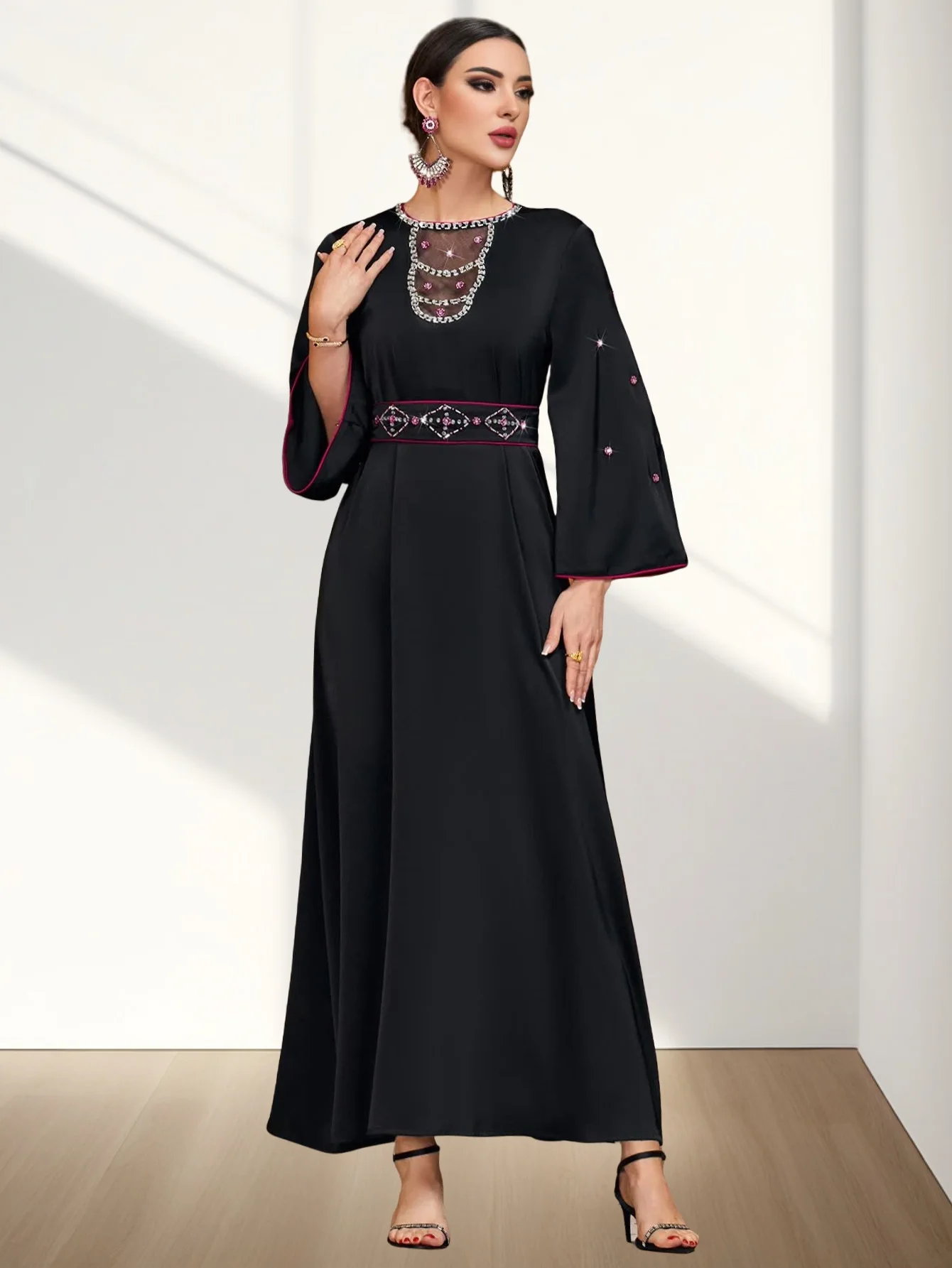 Moda eid djellaba dubai cetim malha abayas para mulheres muçulmano maxi vestido kaftan noite ramadan islam roupas caftan vestido de festa