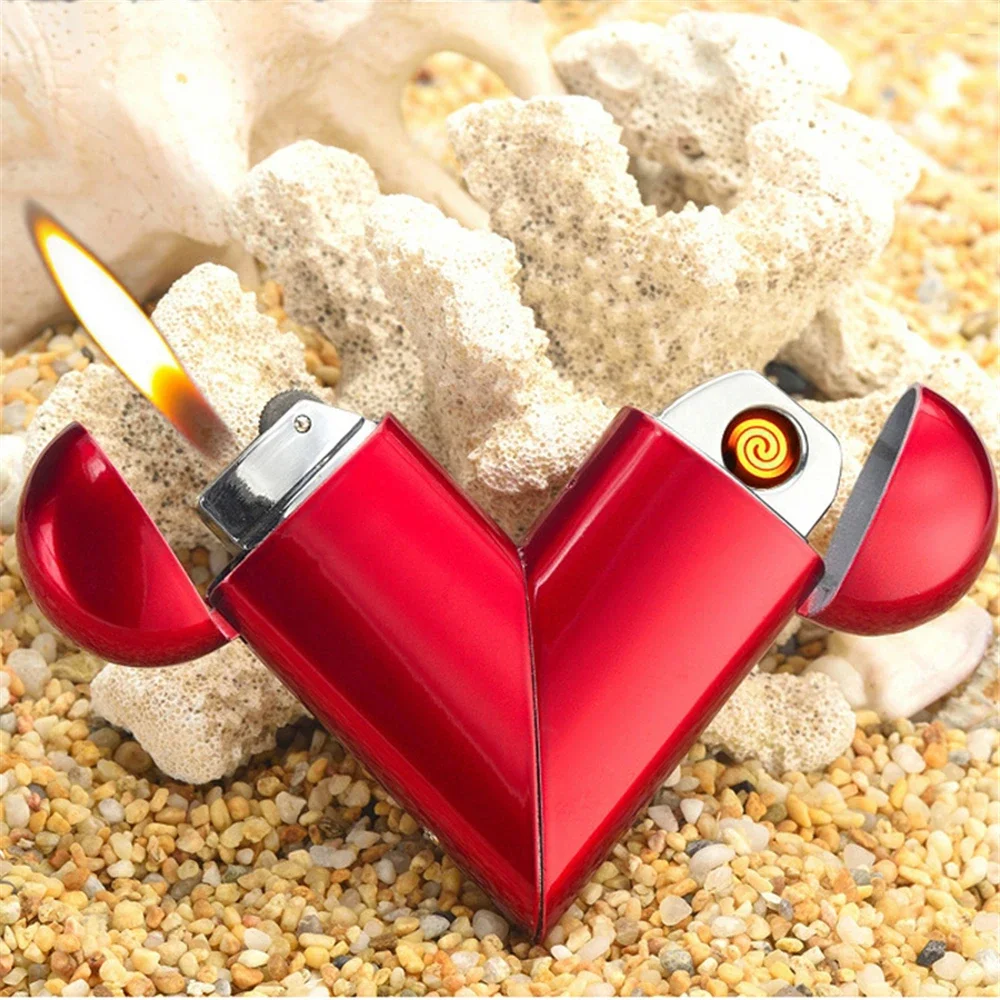 Heart-shaped Gas-electric Dual-purpose Folding Lighter USB Electronic Charging Arc Lighter Flame Butane Gas Lighter Gift