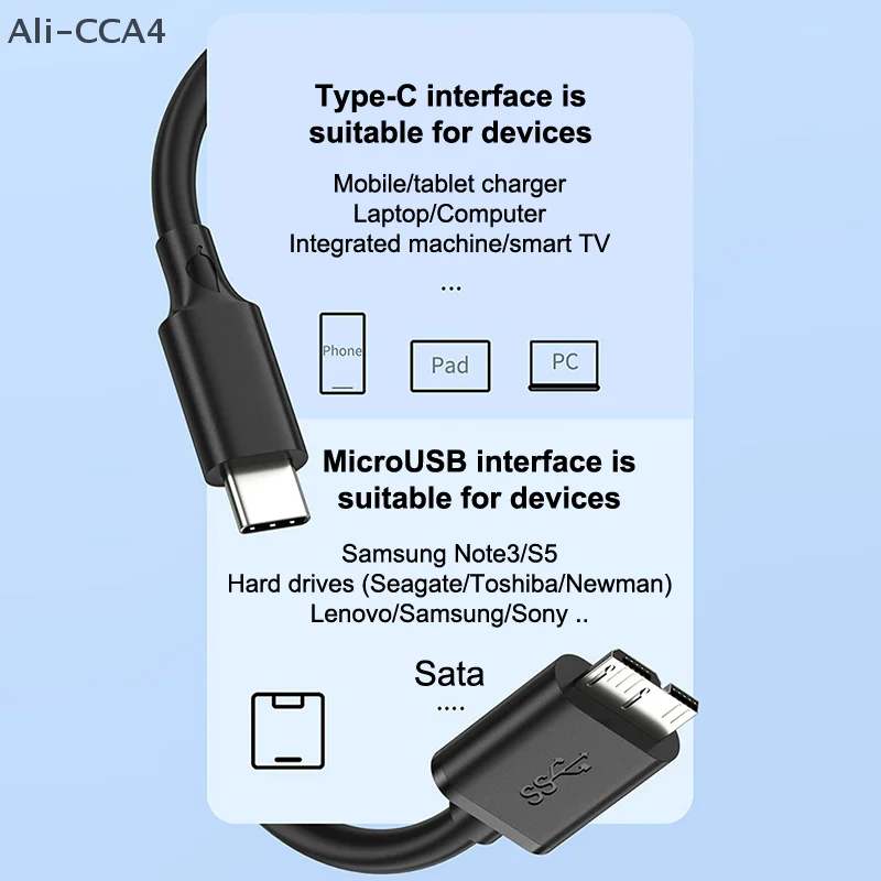 

1Pc Type C to Micro B Cable 10Gbps USB3.0 Cable HDD Cable 3A Hard Disk Drive Fast Transfer Data Cord For Laptop Phone External
