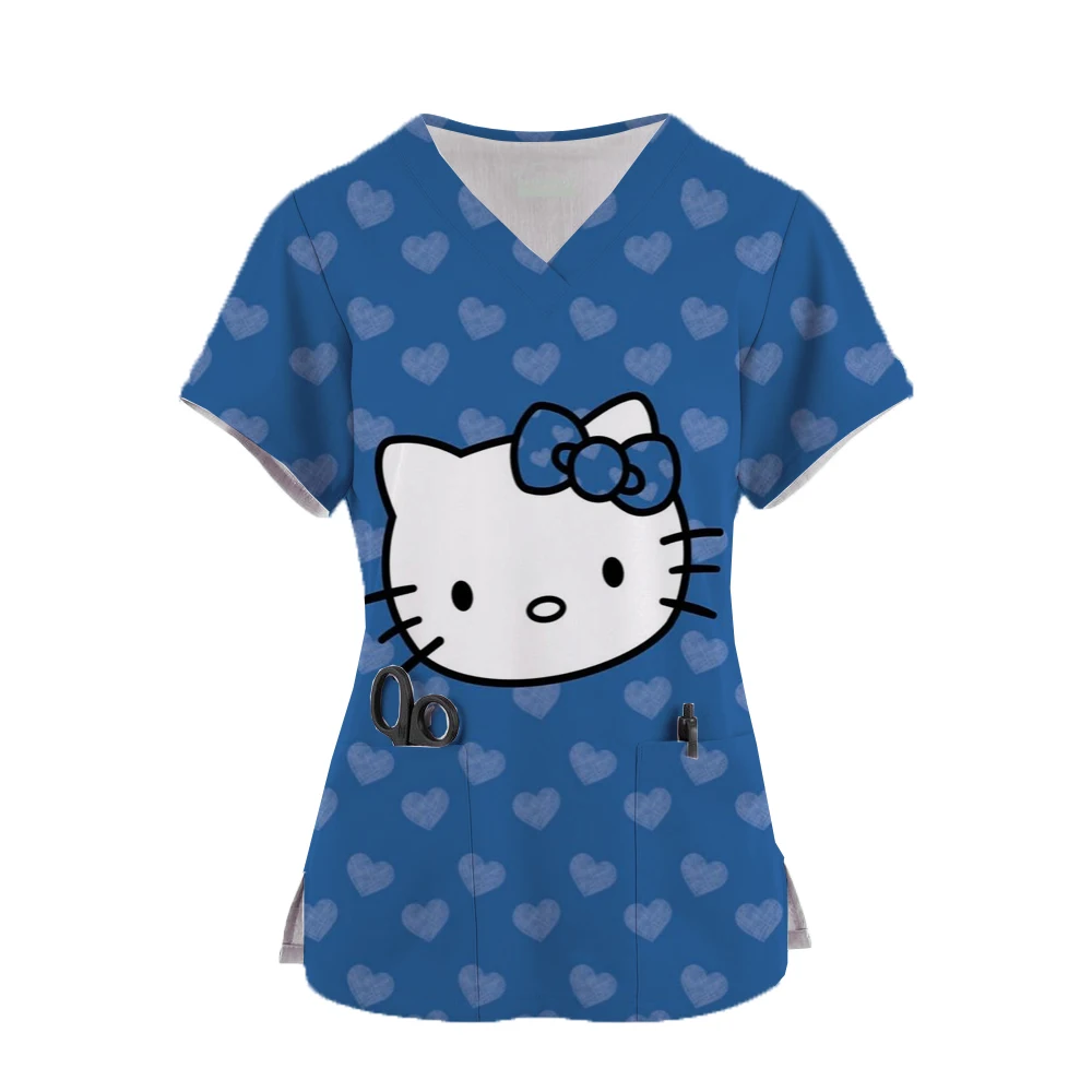 Summer T-shirts Pocket Tops Nurse Uniform Hello Kitty V Neck Woman Clothes Shirt Hospital T-shirt Top Women 2024 Tees Women's