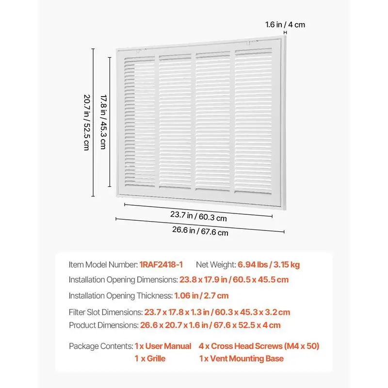 

HVAC Vent Cover 24x18 Inch For Wall Ceiling Central Air System, Removable Door Steel Construction Powder-Coated White Finish 1-Inch Filter Compatibility Heavy Duty Grating Interior Air Intake Unit