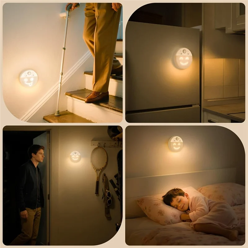 SHGO-Motion Sensor LED Night Light With 4 Facial Expression Dimmable Hallway Light Rechargeable LED With Timer