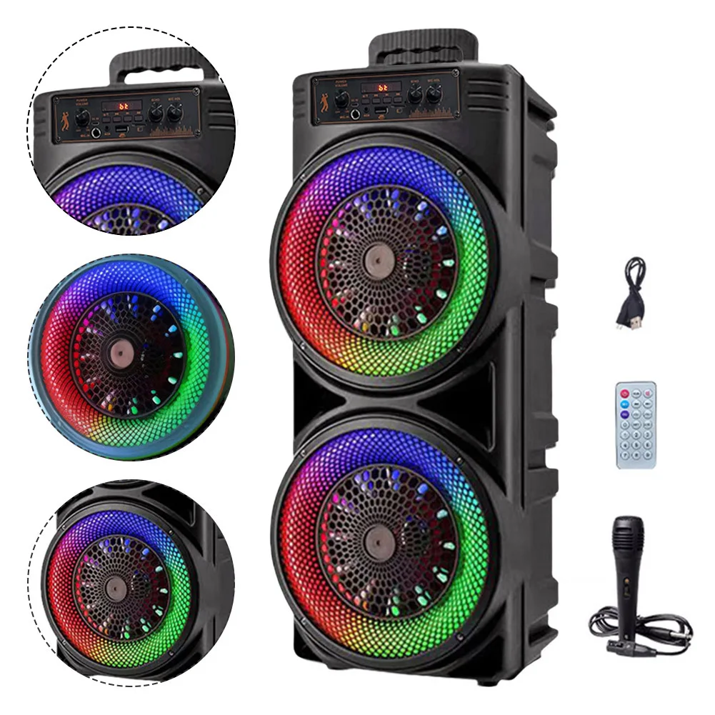 Caixa de Som Portátil BT com Subwoofer Duplo, Graves Profundos, Luzes, Suporte USB/TF/AUX/FM/BT/MIC, Longa Duração da Bateria para Festas ao Ar Livre