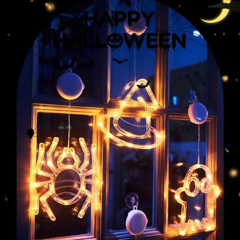 Decorazione a LED per Halloween Lampada a forma di zucca Ragno Pipistrello Fantasma Appeso Ventosa Decorazione per finestre in vetro per illuminazione natalizia per feste