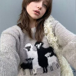 Vintage Gray Y2k Cute Cartoon Sheep Embroidery Jacquard Sweater Soft Warm Winter Jersey Jumper Harajuku Kawaii Winter Clothes