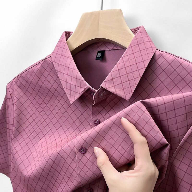 Polyester 88%&Elastane 12% Plaid Shirts For Men Short Sleeve Ice Summer Quality Amazing Silky Elastic Casual Lapel Chemise Homme