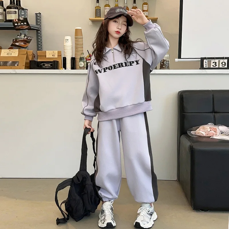 Tweens Girls Clothing Set Children Girl Half Zip Contrast Letter Pullovers Tops+Cotton Pants Trousers Girls 2PCS Clothes Set