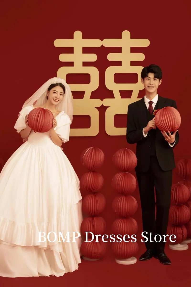 BOMP Vintage cuello cuadrado una línea vestidos de novia sesión de fotos Japón Puff mangas cortas vestidos de novia bata de mariage personalizado 2025