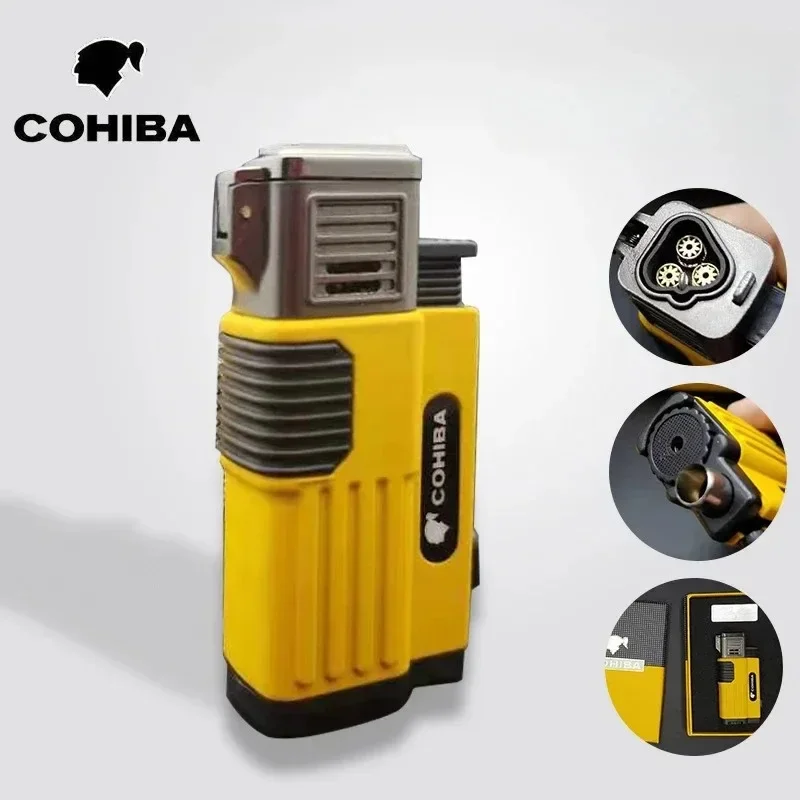 Cohiba Cigar Lighter with Cigar Punch Windproof 3 Nozzles Jet Flame Turbo Butane Lighter Smoking Accessories Men Gift No Butane