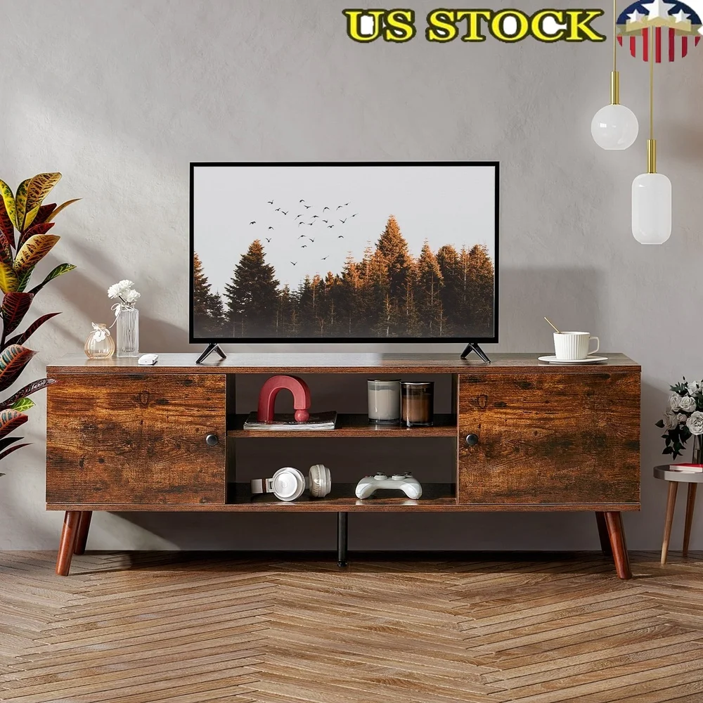 

Mid-Century Modern Wooden TV Stand 55-60 Inch TVs with Adjustable Shelf Storage Cabinets and Cable Management Easy Assembly