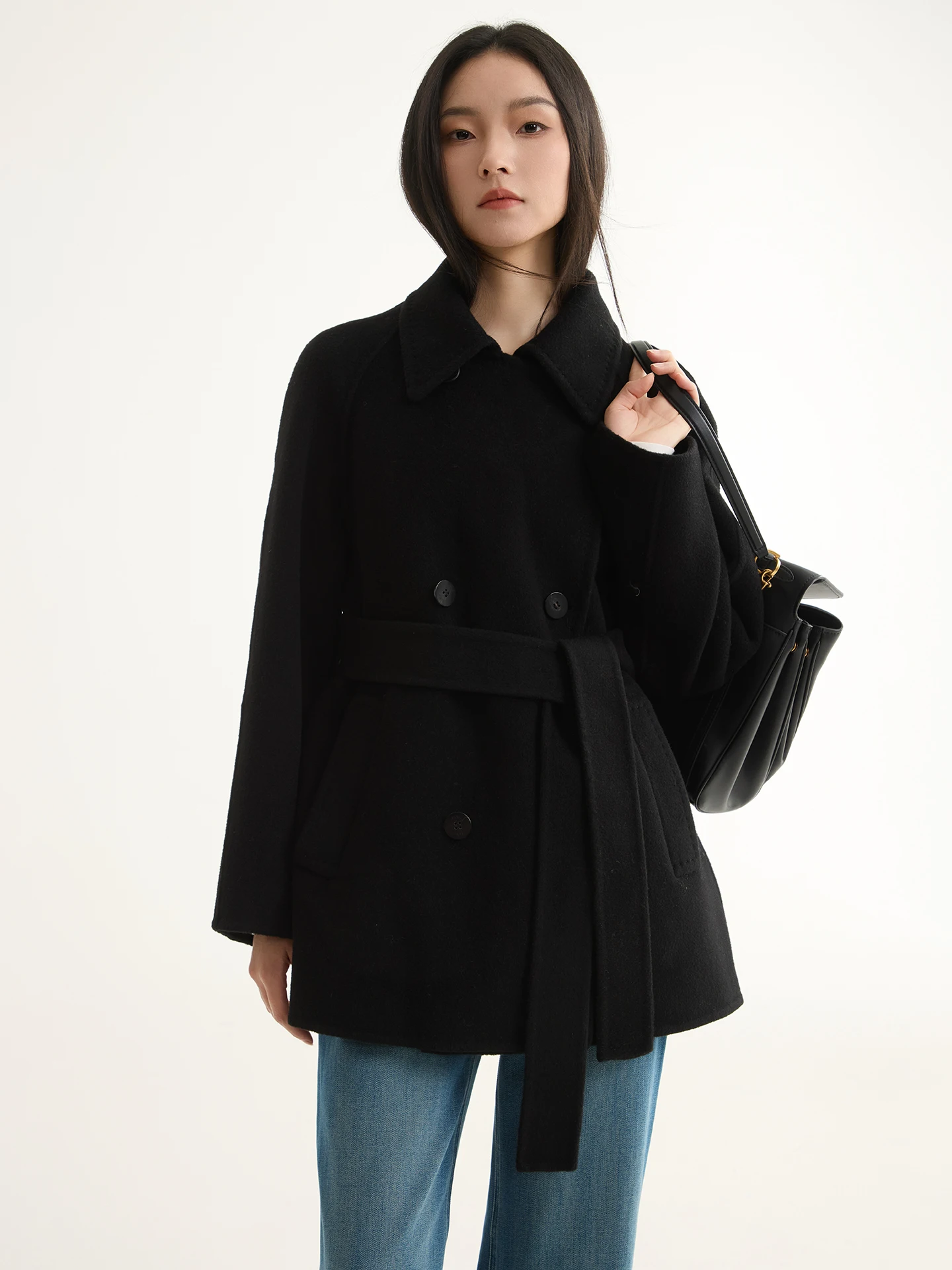 

Fuxu 0% Camere 90% Wool Double Breasted Belted ort Double Face Woolen Coat Commute Sle Loose Fit Long Sve Pure Color
