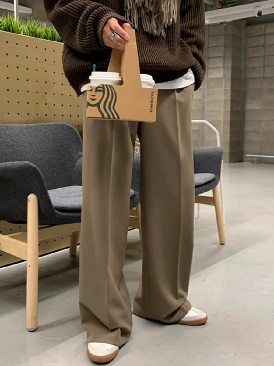 

Casual Hong Kong Sle Men's Wide Leg Suit Pants Straight Cut Loose Fit Long Trousers Autumn Spring Faion Trend Youth