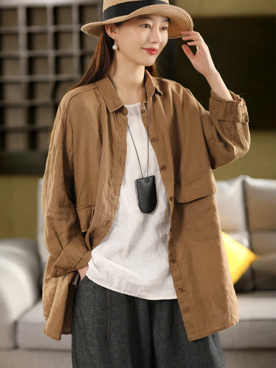 

Women's Linen irt Vintage Waed Loose Long Coat with Big kets Spring Outerwear Cardigan Top Commute Sle Pure Color